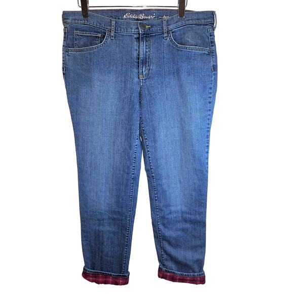 Eddie Bauer Flannel Lined Jeans Boyfriend Fit Womens Sz 14 Medium Wash Red Plaid - Picture 2 of 14